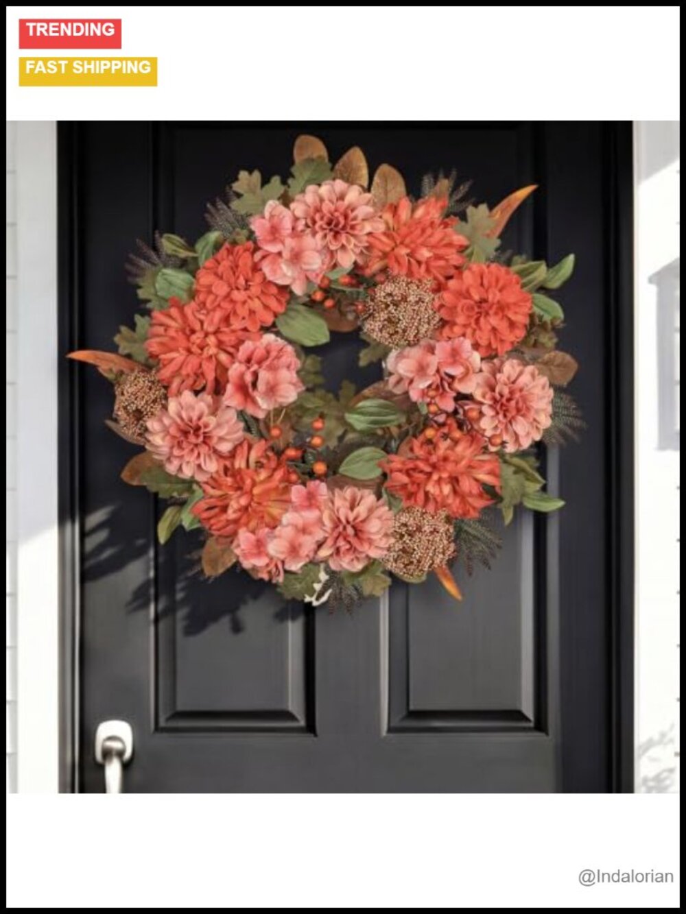 24 Inch Handmade Fall Floral Wreath for Front Door, Dahlia Hydrangea Berry